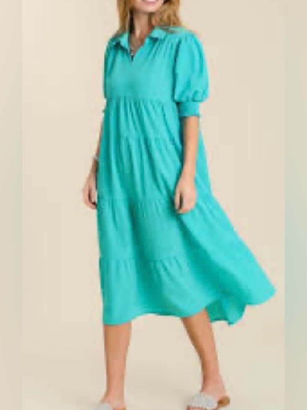 Umgee Teal Blue Collared Split Neck 3/4 Puff Sleeve Tiered Midi Dress Sz M